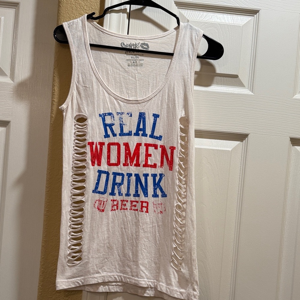 Spencer's White Sleeveless Graphic Tank with Red & Blue Text